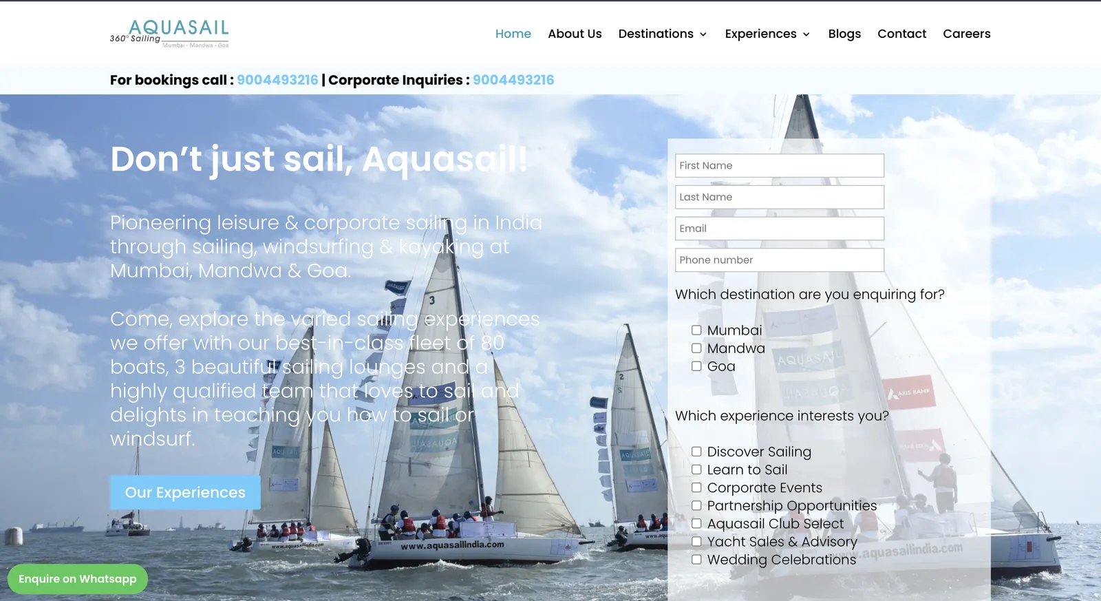 Aqua Sail India website with sailing boats and an enquiry form
