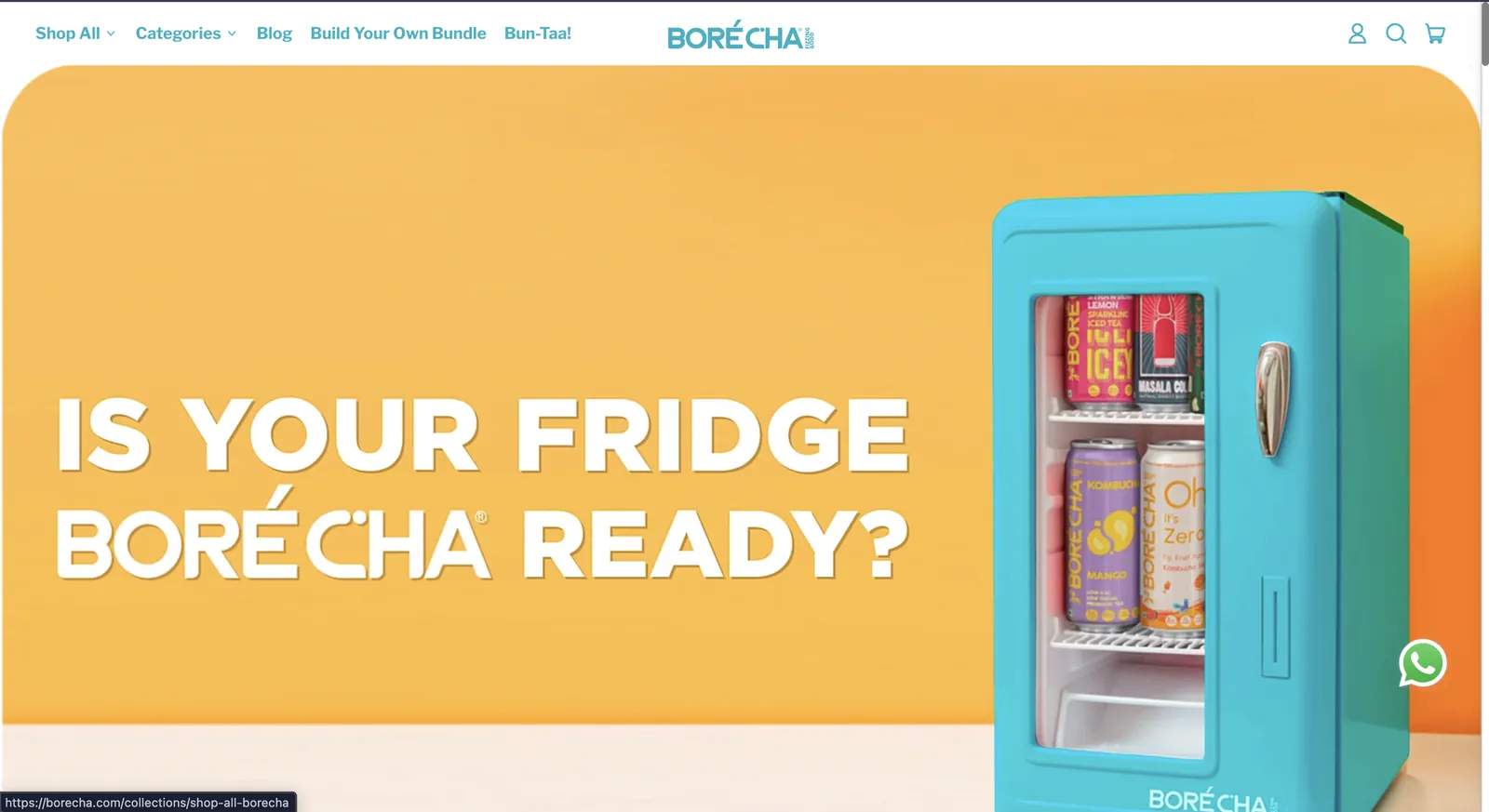 Borecha store homepage with a turquoise retro fridge
