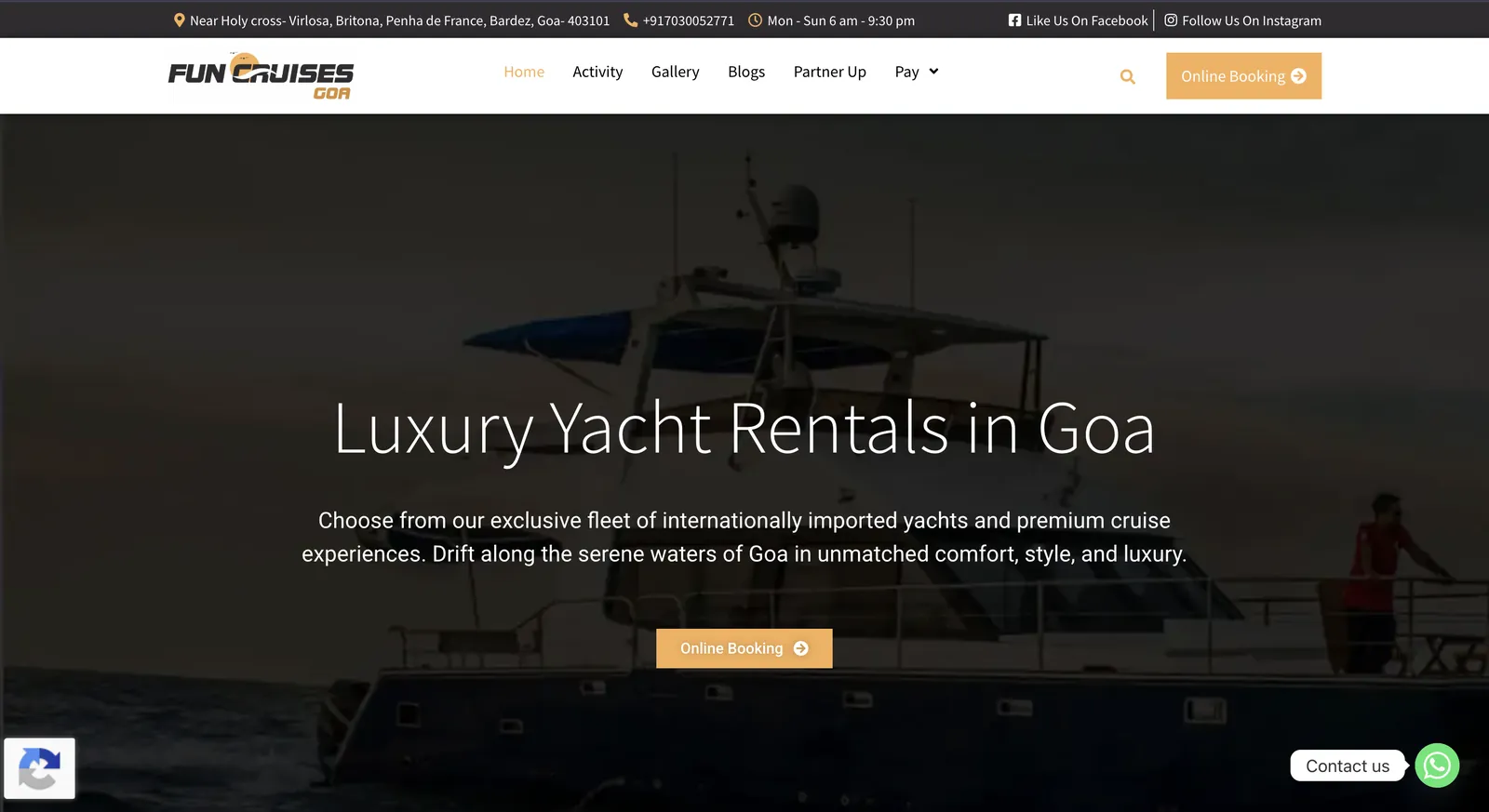 Fun Cruises Goa website showing luxury yacht rentals