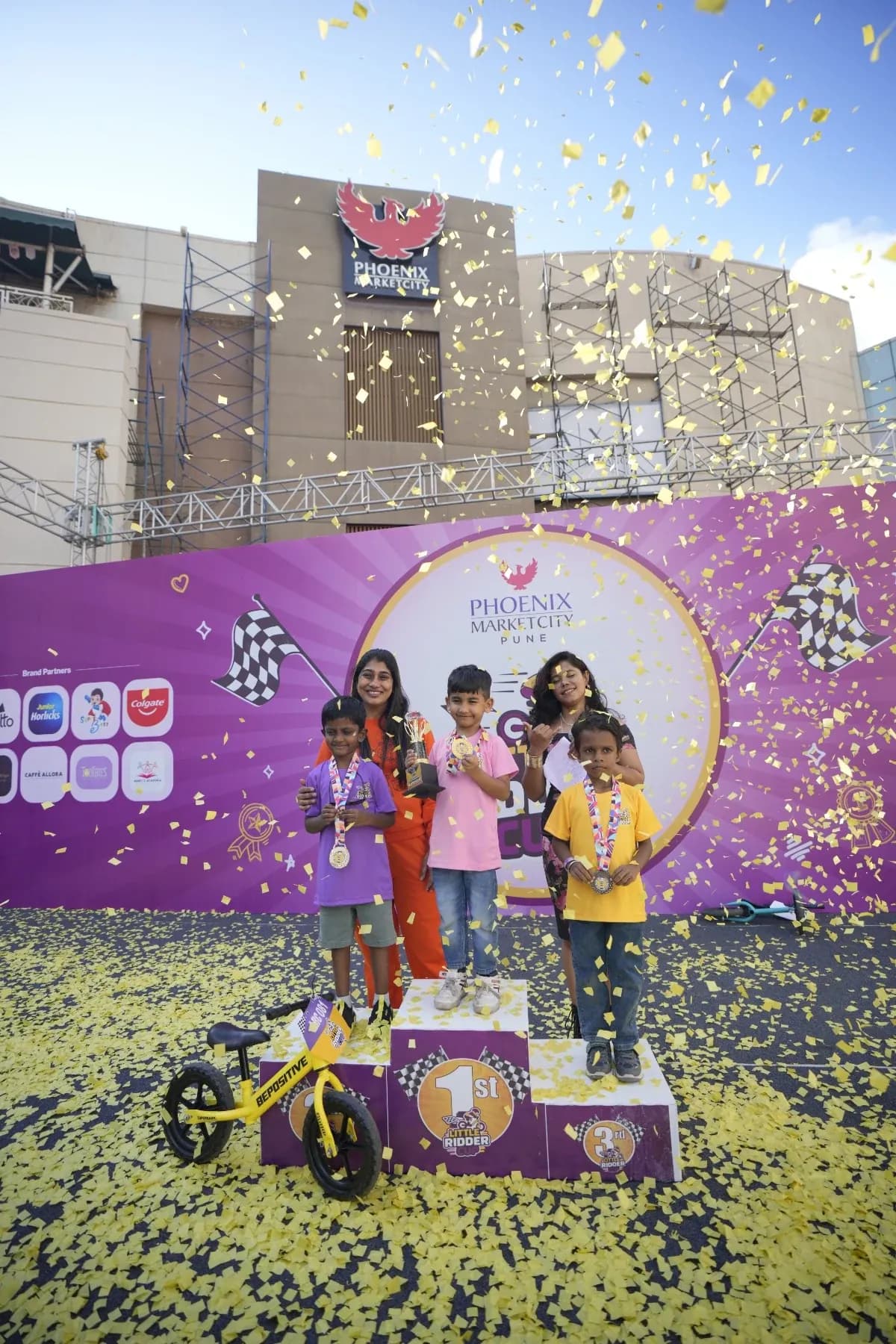 Podium celebration with confetti