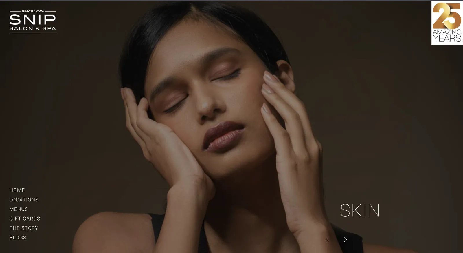 Snip salon and spa website with a skin-care hero image