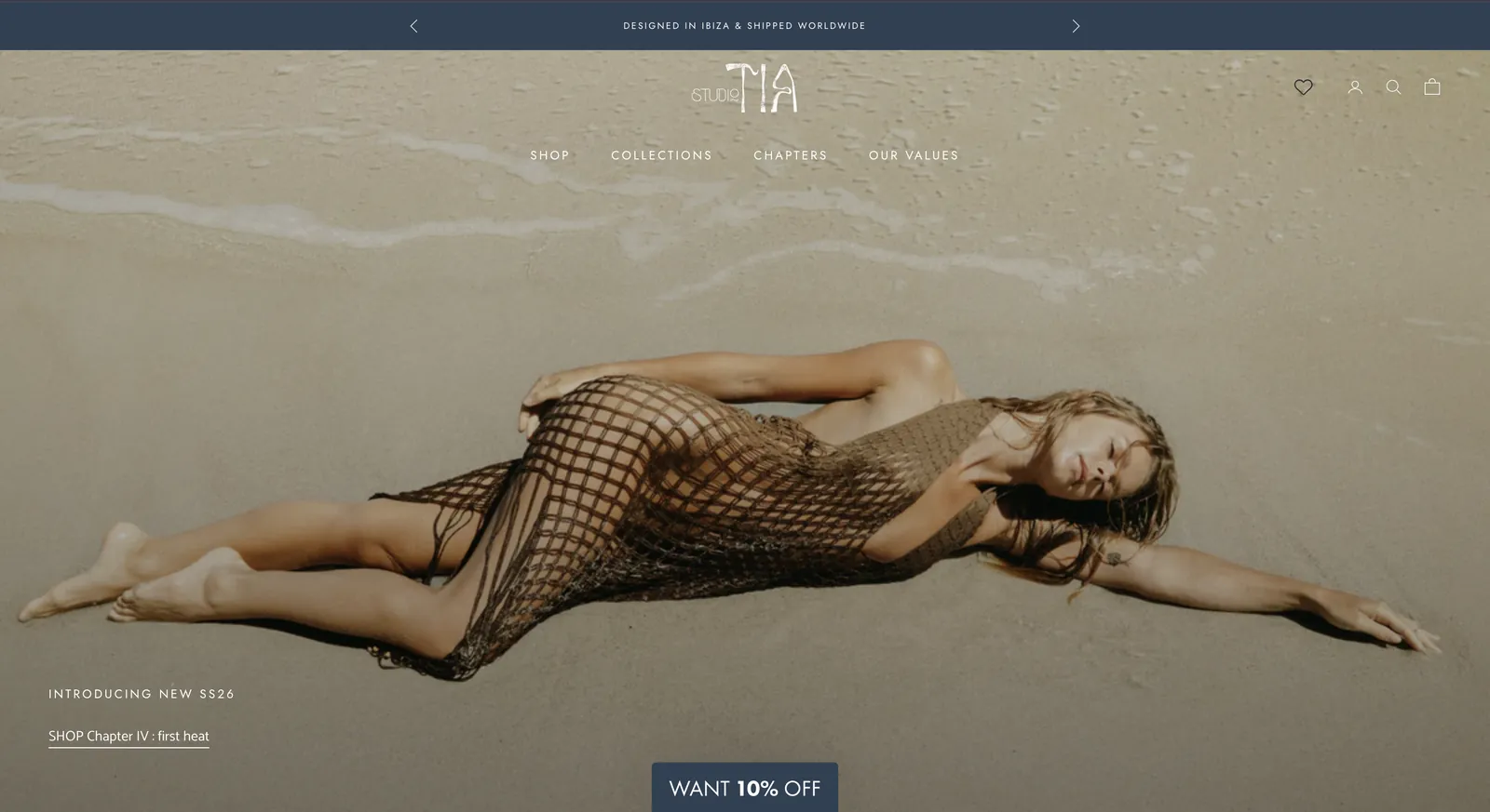 Studio Tia fashion store homepage with editorial beach photography